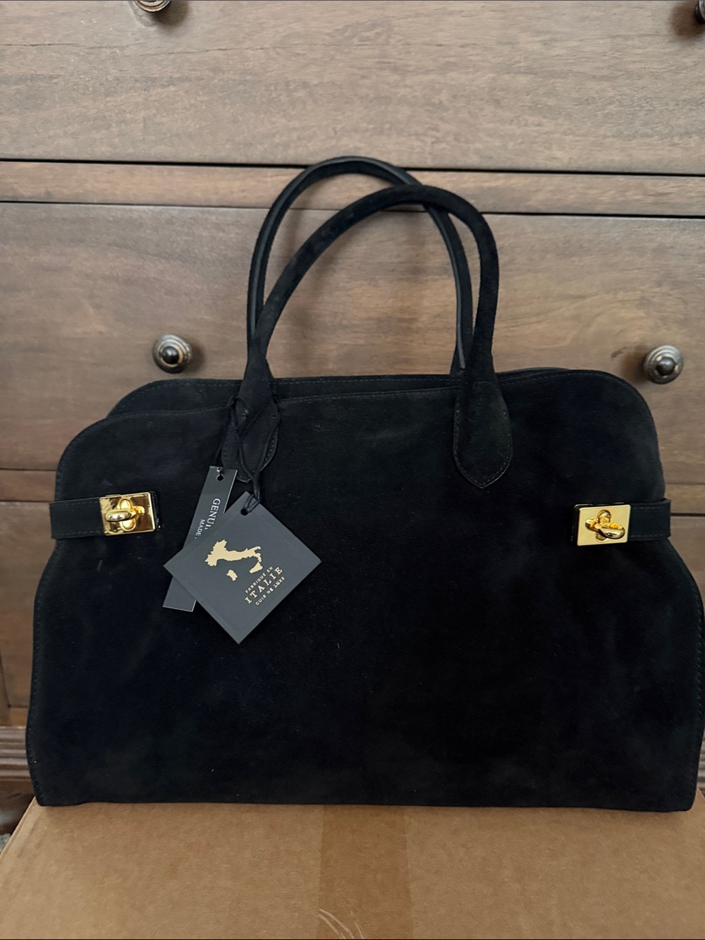 Claudia Firenze Black Suede Tote Handbag with Gold Hardware